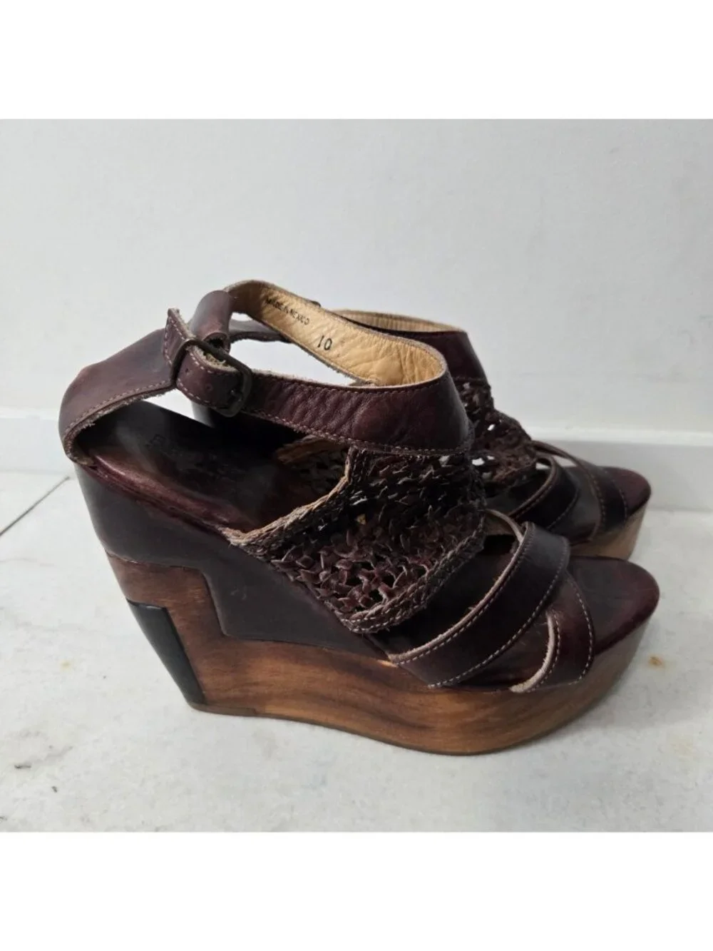 Bed Stu Size 10 Petra Handwoven Leather Wood Platform Wedge Sandals